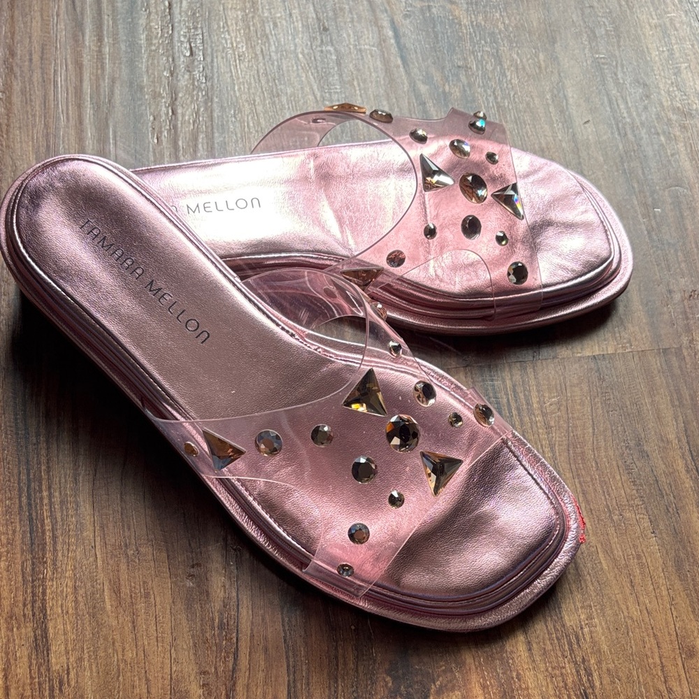Tamara Mellon Shimmering Pink Gem Sandals, EUC size 38 1/2